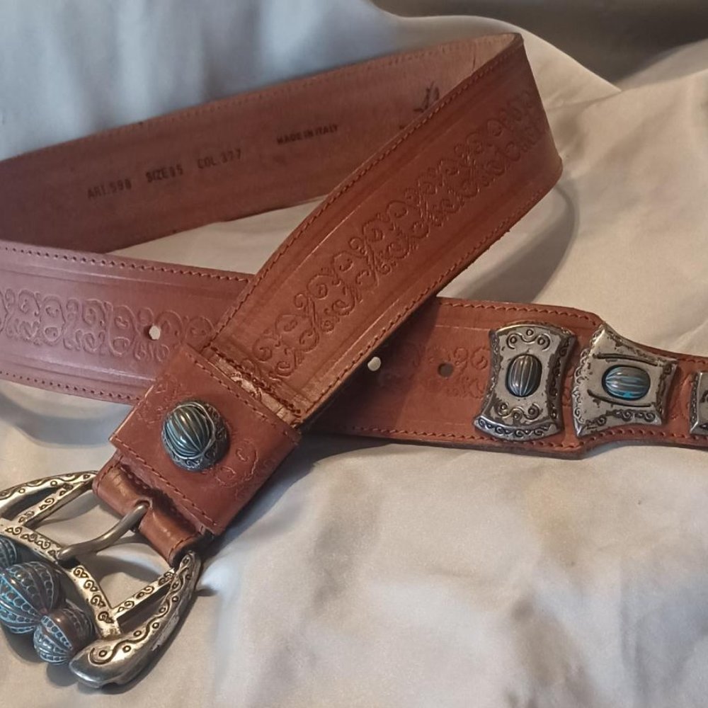 Vintage Minoronzoni Brown Tooled Leather Belt w/ Unique Silver Accents